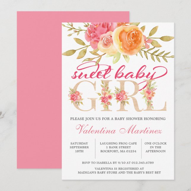 Invitation Sweet Baby Girl Automne Baby shower floral rose (Devant / Derrière)
