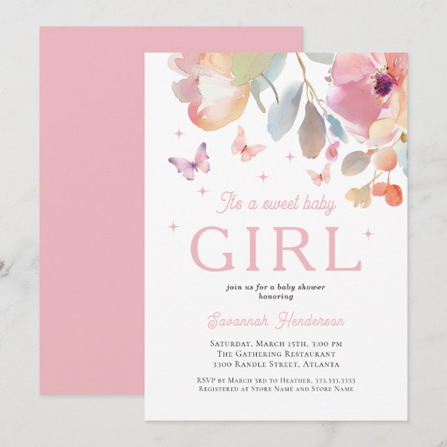 Invitation Sweet Baby Girl Baby shower floral rose (Devant / Derrière)