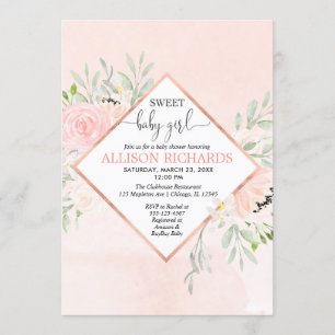 Invitation Sweet Baby Girl Blush rose rose rose rose or flora