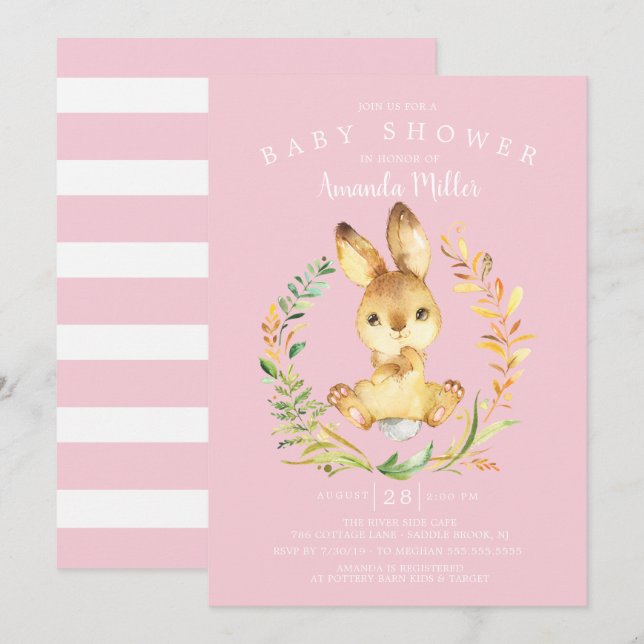 Invitation Sweet Baby Girl Bunny Baby shower (Devant / Derrière)