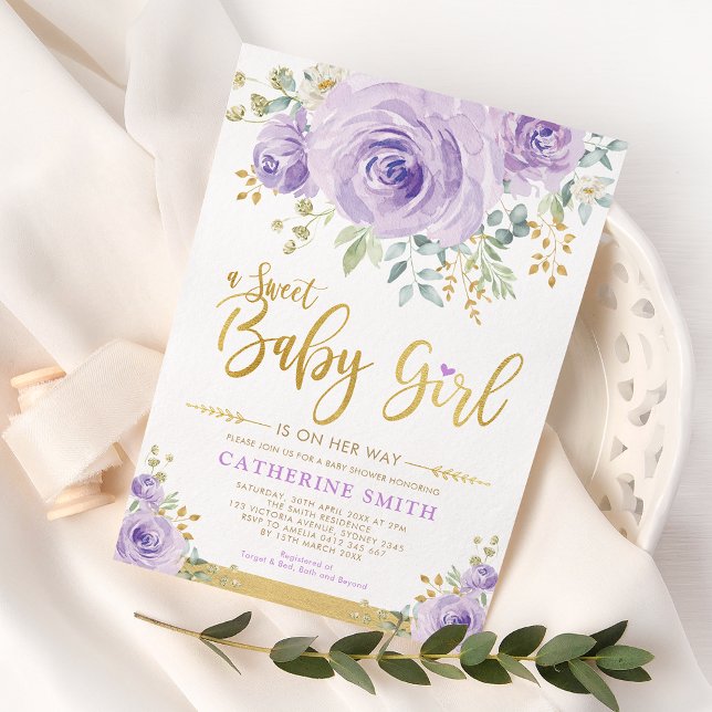 Invitation Sweet Baby Girl Purple Gold Floral Douche (Créateur téléchargé)