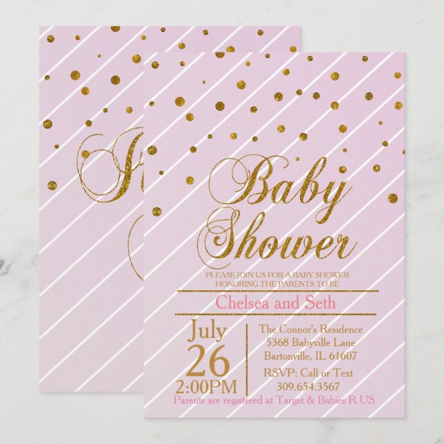Invitation Sweet Baby Girl Rose & Gold Confetti | BABY SHOWER (Devant / Derrière)