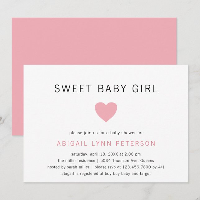 Invitation Sweet Baby Girl Rose Heart Baby shower mignon (Devant / Derrière)
