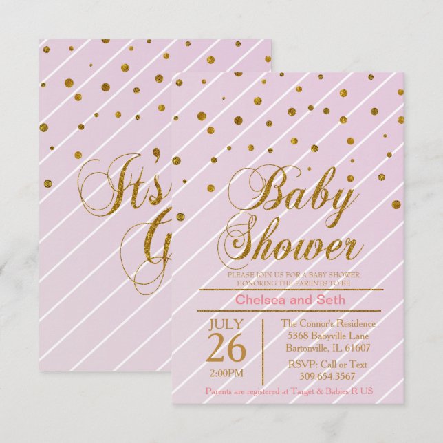 Invitation Sweet Baby Pink & Gold Confetti | BABY SHOWER (Devant / Derrière)