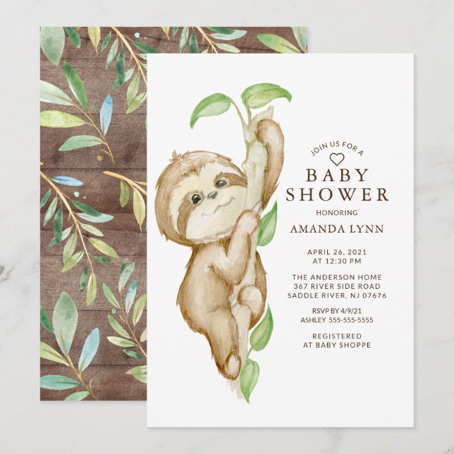 Invitation Sweet Baby Sloth Baby shower (Devant / Derrière)