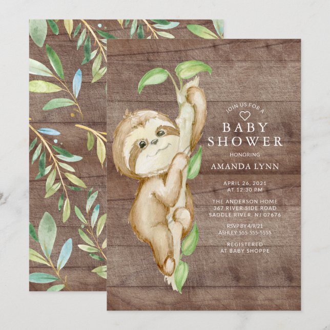 Invitation Sweet Baby Sloth Baby shower (Devant / Derrière)