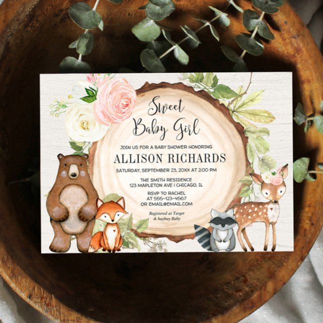 Invitation Sweet bébé fille floral rustique baby shower boisé (Créateur téléchargé)