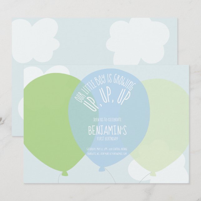 Invitation Sweet Blue Green Premier Garçon Anniversaire Ballo (Devant / Derrière)