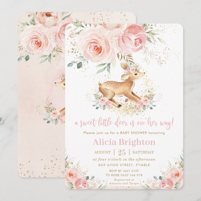 Invitation Sweet Blush Floral Baby Deer Fawn Girl Baby shower (Devant / Derrière)