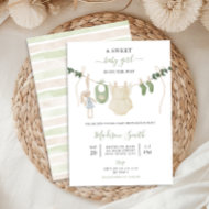 Invitation Sweet Boho Neutral Clothesline Baby shower fille
