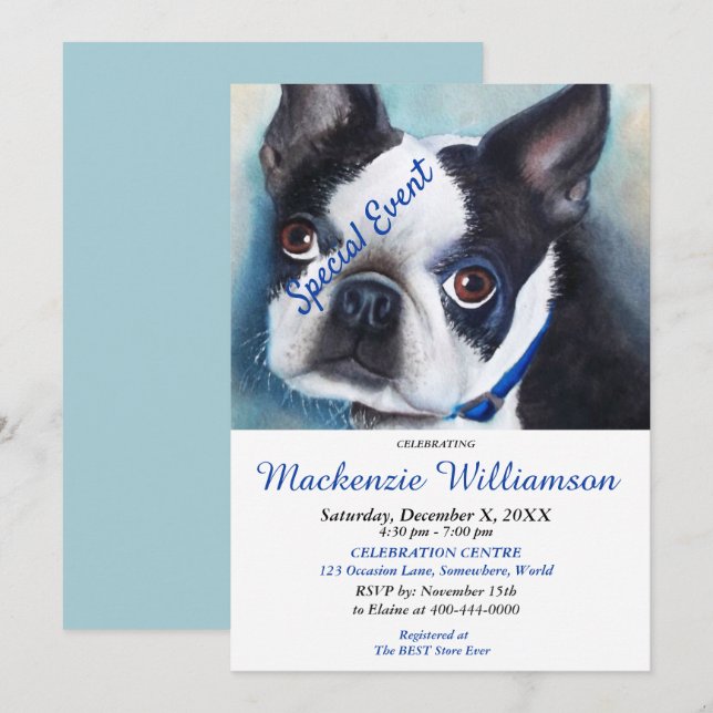 INVITATION SWEET BOSTON TERRIER PUPPY SOUHAITE UN JOLI ANNIVE (Devant / Derrière)