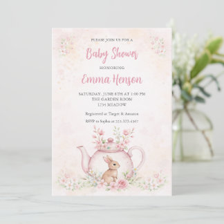 Invitation Sweet Bunny & Floral Teapot Baby Shower 