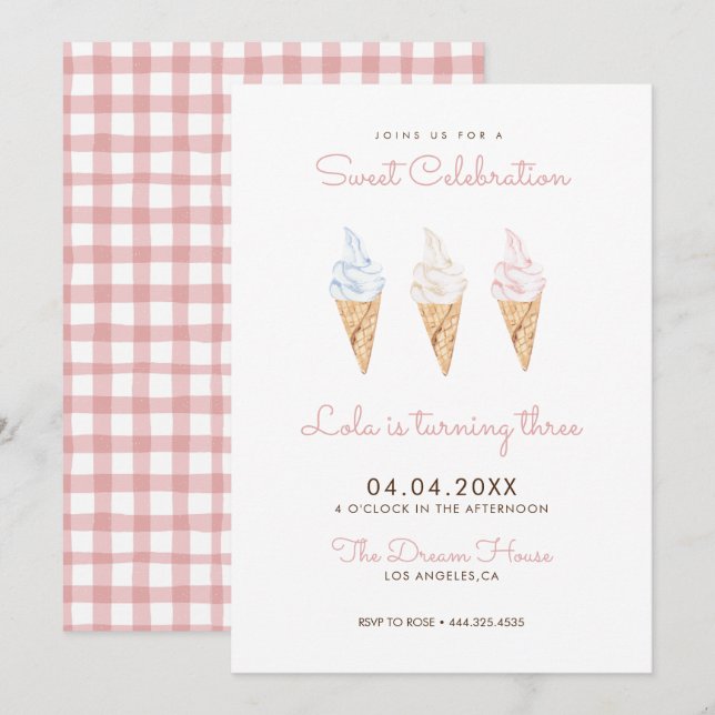 Invitation Sweet Celebration Glace Crème rose Anniversaire (Devant / Derrière)