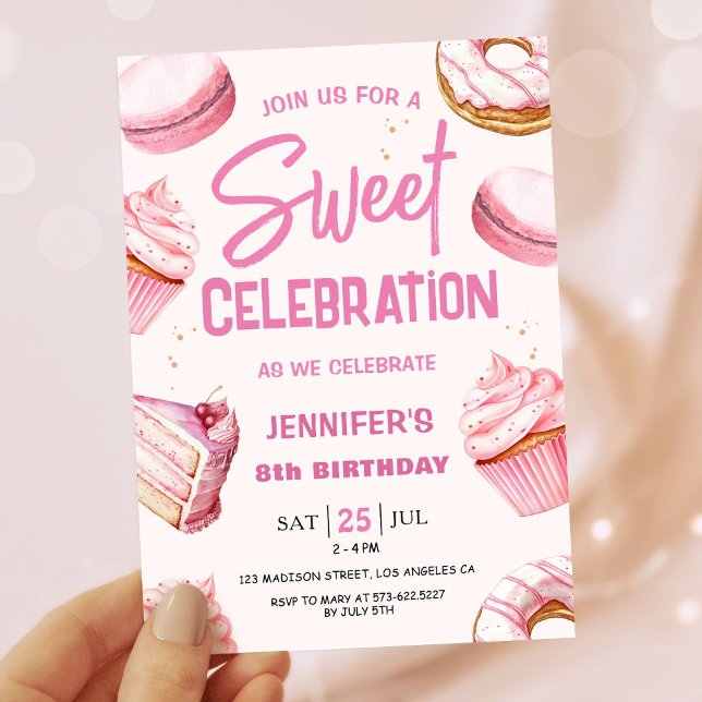 Invitation Sweet Celebration Pink Donuts Fille 8e anniversair (Créateur téléchargé)