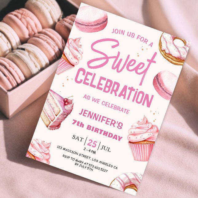 Invitation Sweet Celebration Pink Donuts Girl 7e anniversaire (Créateur téléchargé)