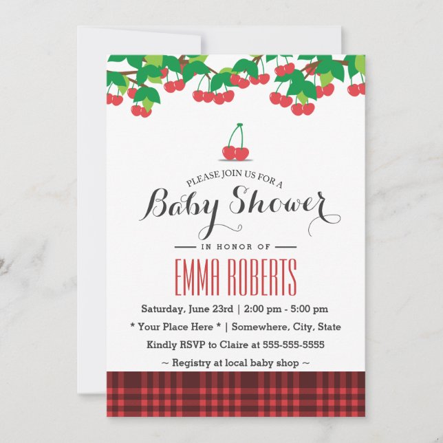 Invitation Sweet Cherries Pique-nique En vichy Baby shower (Devant)