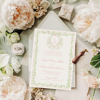 Invitation Sweet Crest avec nœud rose blush | Mariage monogra