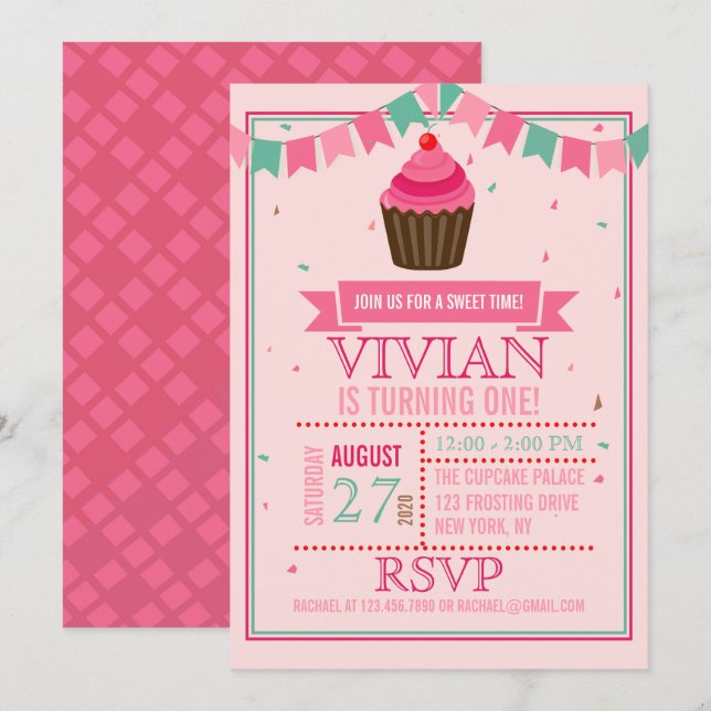 Invitation Sweet Cupcake rose et vert/fête d'anniversaire (Devant / Derrière)