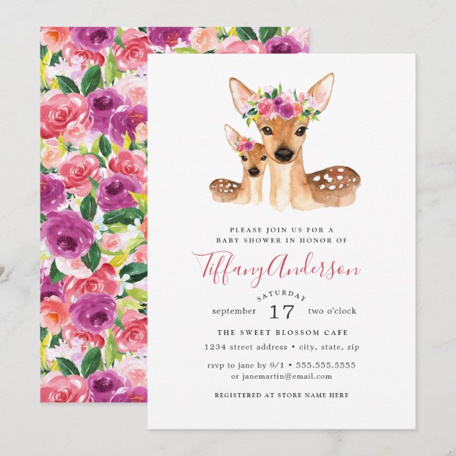 Invitation Sweet Deer Maman Et Baby Baby shower Floral (Devant / Derrière)