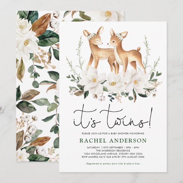 Invitation Sweet Deer Twins Baby shower ivoire Floral verdure (Devant / Derrière)