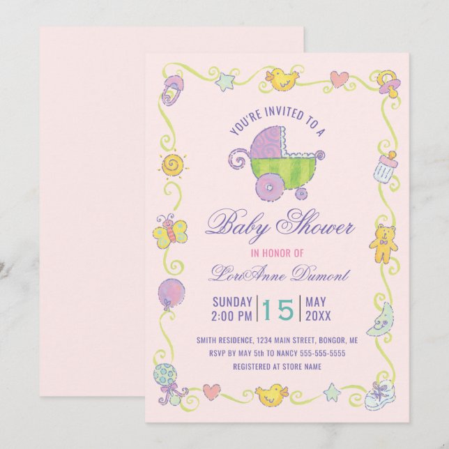Invitation Sweet Dreams Carriage Baby shower rose (Devant / Derrière)