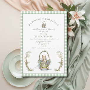 Invitation Sweet Fairytale Animal Green En vichy Baby shower