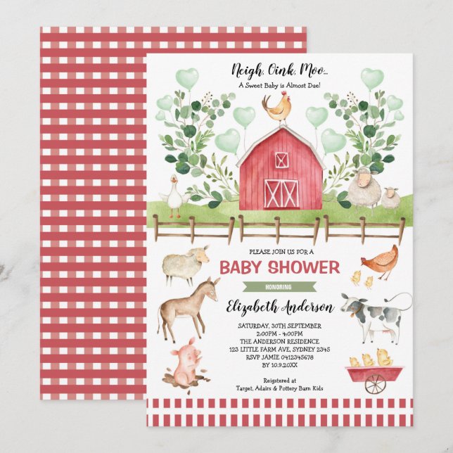 Invitation Sweet Farm Animals Baby shower Barnyard (Devant / Derrière)