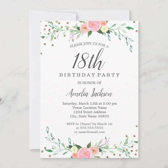 Invitation Sweet Floral Sparkle Confetti 18ème anniversaire (Devant)