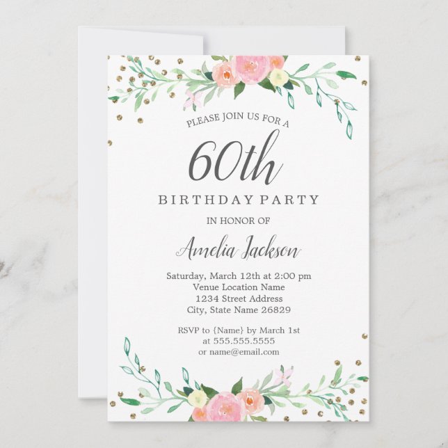 Invitation Sweet Floral Sparkle Confetti 60e fête d'anniversa (Devant)