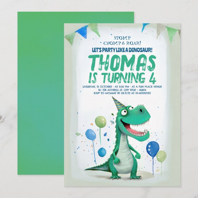 Invitation Sweet Fun Dinosaur Bleu et Vert Anniversaire (Devant / Derrière)