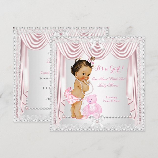 Invitation Sweet Girl Baby shower rose Satin Brunette Baby (Devant / Derrière)