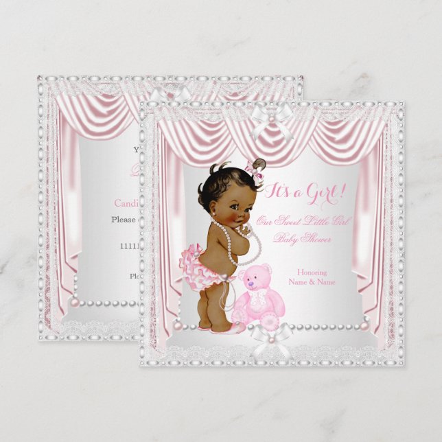 Invitation Sweet Girl Baby shower rose satin ethnique (Devant / Derrière)