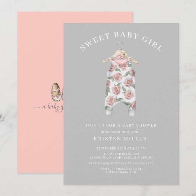 Invitation Sweet Girl Rose Baby shower Romper (Devant / Derrière)