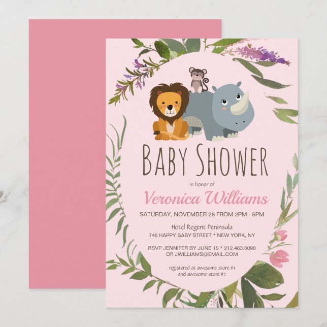 Invitation Sweet Girls Jungle Safari Animaux Baby shower rose (Devant / Derrière)