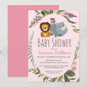 Invitation Sweet Girls Jungle Safari Animaux Baby shower rose