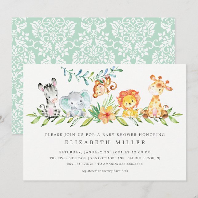 Invitation Sweet Jungle Animaux Neutral Invitatiatiation Baby (Devant / Derrière)