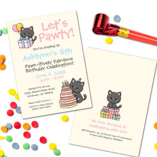 Invitation Sweet Kawaii Chat noir fête d'anniversaire