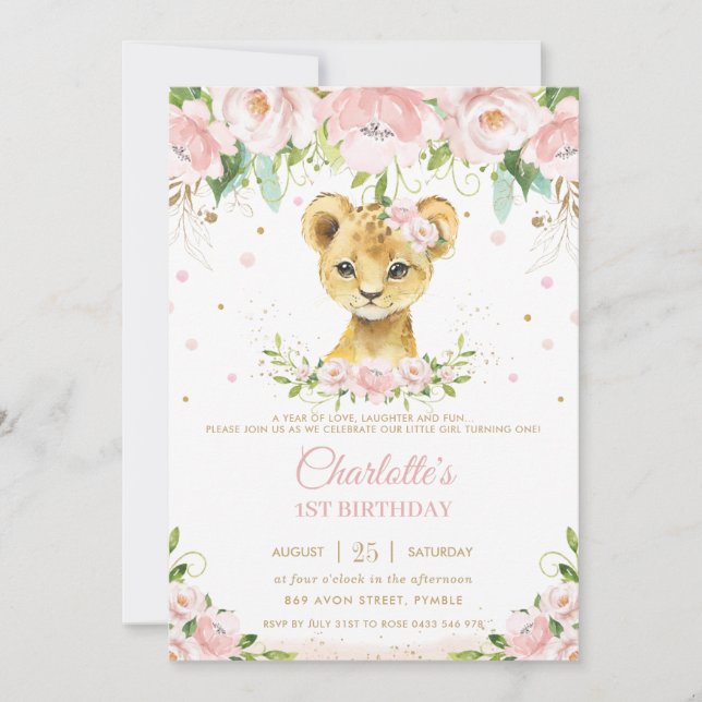 Invitation Sweet Lion Cub Blush Rose Floral Or 1er anniversai (Devant)