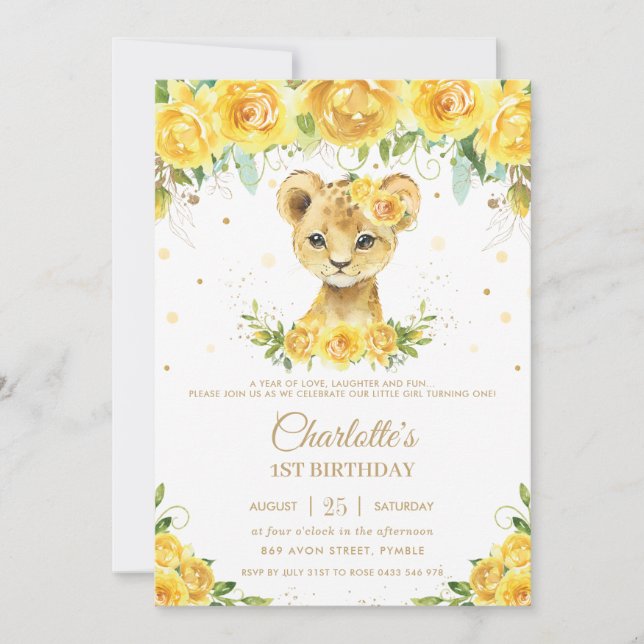 Invitation Sweet Lion Cub Jaune Floral Or 1er anniversaire (Devant)