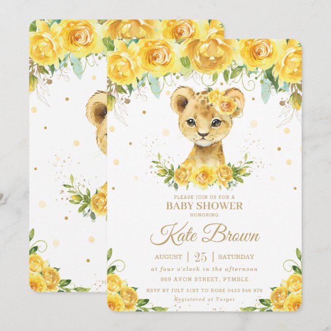 Invitation Sweet Lion Jaune Floral Gold Girl Baby shower (Devant / Derrière)