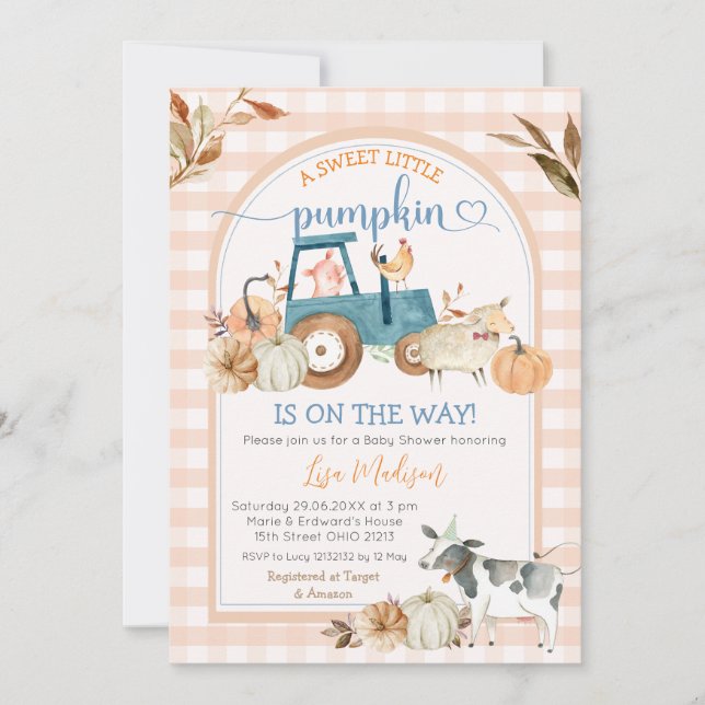 Invitation Sweet Little Citrouille Automne En vichy Baby show (Devant)