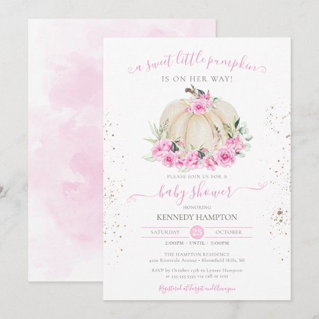 Invitation Sweet Little Citrouille Rose Rose Girl Baby shower (Devant / Derrière)