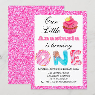 Invitation Sweet Little Cupcake Parties scintillant rose 1er 