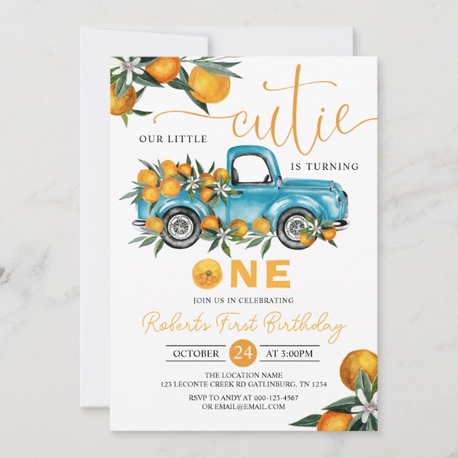 Invitation Sweet Little Cutie Orange Citrus Premier anniversa (Devant)