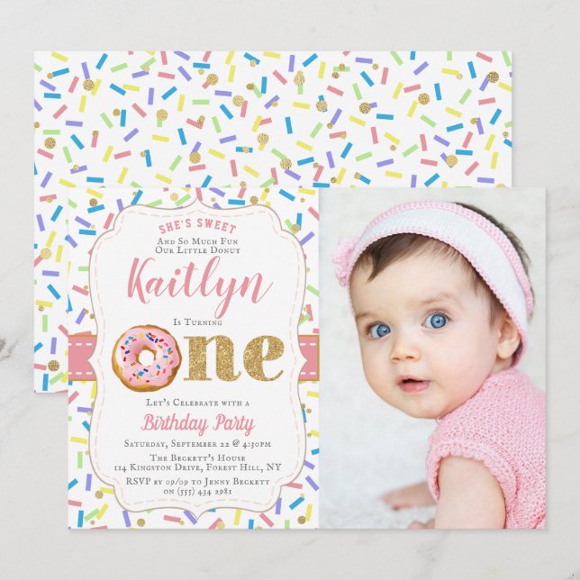 Invitation Sweet Little Donut Girls 1er Anniversaire Invitati (Devant / Derrière)
