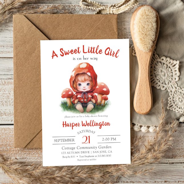 Invitation Sweet Little Girl Baby shower de champignon rouge (Sweet Little Girl Red Mushroom Baby Shower Invitation)