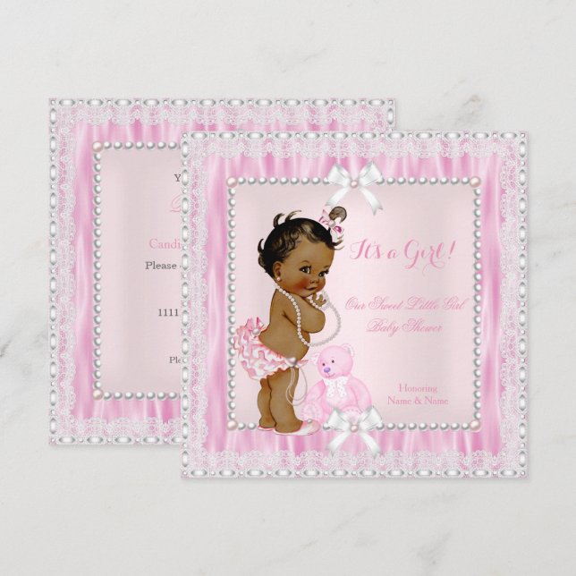 Invitation Sweet Little Girl Baby shower perles dentelle ethn (Devant / Derrière)