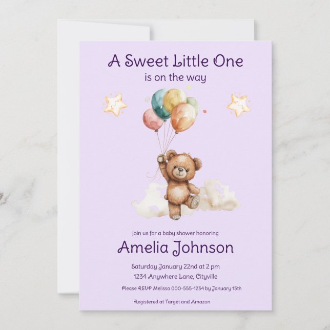 Invitation Sweet Little One sur le chemin Baby shower Lavende (Devant)