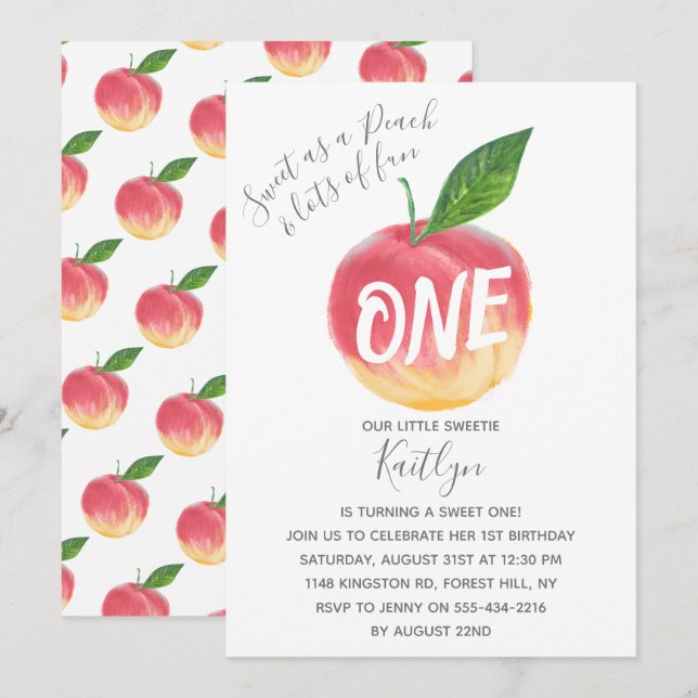 Invitation Sweet Little Peach 1er anniversaire (Devant / Derrière)