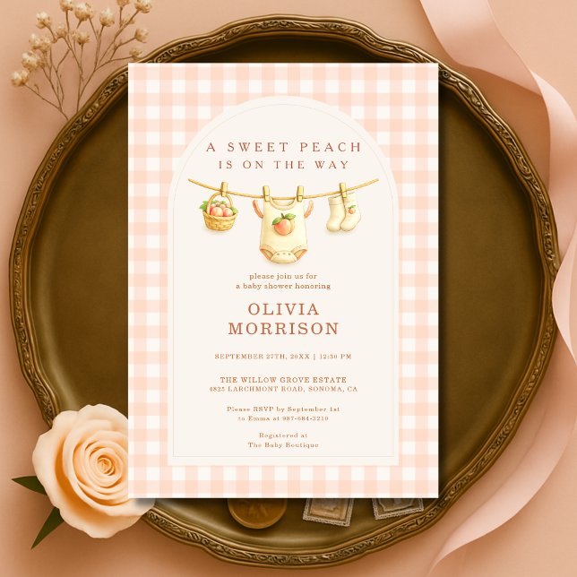 Invitation Sweet Little Peach Clothesline Gingham Baby Shower (Créateur téléchargé)